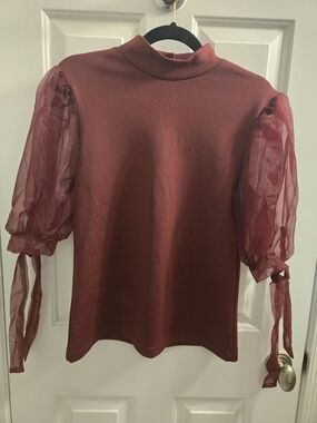 Kaktus Burgundy Puff Sleeve Mock Neck Top